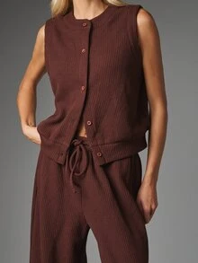 MISSGUIDED Waffle Knit Co-Ord Set Sleeveless Button-Front Crop Vest And High Rise Wide Leg Drawstring Trousers Two Pieces Autumn Winter Outfit - Chocolate Brown - View 6
