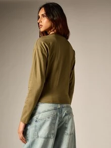 AiiRZ Olive Long Sleeve Crop Top With Western Fringe Detail Crew Neck Casual Fall Winter Style - Army Green - View 3