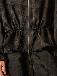 AiiRZ Black Floral Jacquard Oversized Zip-Up Jacket With Stand Collar Drawstring Waist And Balloon Sleeves - Black - View 2