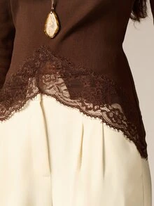 AiiRZ Ribbed Knit Long Sleeve Boat Neck Top With Lace Trim Hem Detail Elegant Fitted Blouse Fall Winter Layering Essential - Brown - View 6