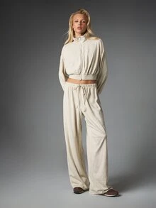 MISSGUIDED Striped Co-Ord Set Cropped Full-Zip Track Top With Mock Neck And Wide Leg Drawstring Casual Pants Two Pieces Matching Lounge Outfit - Brown and White - View 1