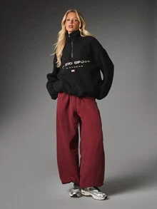 MISSGUIDED Sport Ath Archive Half-Zip Sherpa Fleece Pullover Oversized Fit Embroidered Chest Logo High Neck Winter Essential - Black - View 5