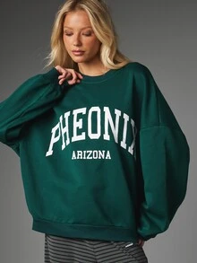 MISSGUIDED Oversized Crew Neck Sweatshirt With Varsity Collegiate Pheonix Arizona Graphic Print Drop Shoulder Relaxed Fit Pullover Top Fall Winter Casual Fleece - Dark Green - View 4