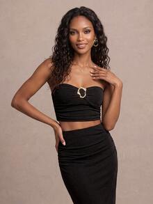 QUIZ Black Sparkly Ruched Strapless Bandeau Crop Top With Gold Hardware Trim, Weekend Outfit For Women, Party Top, Club Outfit, Holiday Night Outfit, Chic Fall Outfits For Women - Black - View 6