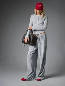MISSGUIDED Striped Knit Co-Ord Set Long Sleeve Button Front Crop Cardigan And Wide Leg Drawstring Casual Pants Loungewear Two Pieces Outfit - Gray and Sky Blue - View 5