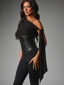 MISSGUIDED One Shoulder Faux Leather Corset Top With Lace Up Back Detail And Tie Sleeve Structured Boning Panel Crop Top Party Night Out - Black - View 6