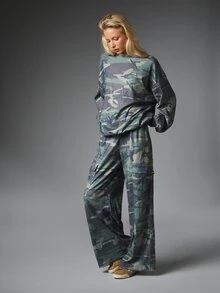 MISSGUIDED Camouflage Wide Leg Sweatpants With Elasticated Waist Waffle Knit Fabric Full Length Utility Style Pockets Fall Winter Casual - Multicolor - View 5