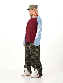 SUMWON WOMEN Oversized Raglan Long Sleeve Crop Top With Graphic Sleeve Print Color Block Contrast Panel Street Style Casual Tee - Multicolor - View 5