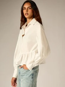 AiiRZ Peplum Ruffle Hem Button-Front Collared Shirt With Puff Long Sleeves And Elasticated Cuffs Spring Summer Elegant Top - White - View 5