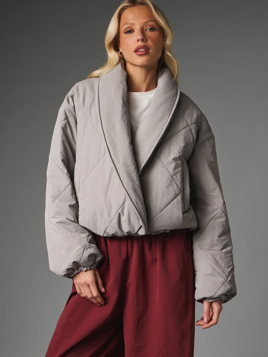 MISSGUIDED Cropped Quilted Puffer Jacket With Wrap Front Lapel Collar Oversized Diamond Stitch Winter Outerwear Cozy Fall Season Style - Dusty Blue - View 1