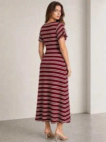 ELLERISSA Burgundy Striped Square Neck Short Sleeve Button Front Knit Midi Dress - Burgundy - View 2