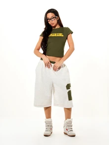 SUMWON WOMEN Pitstop Princess Graphic Crop Slim Fit Tee Short Sleeve Round Neck Fitted Stretch Jersey Top Summer Festival Racing Slogan Shirt - Army Green - View 3