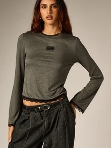 AiiRZ Charcoal Long Sleeve Crop Top With Lace Hem Trim And Logo Patch Crew Neck Fitted Tee Fall Winter Essential - Dark Grey - View 5