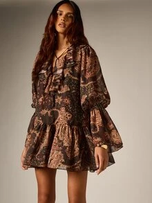 AiiRZ Paisley Print Chiffon Mini Dress With Ruffle Neckline Plunge Tie Detail Puff Long Sleeves Tiered Hem Boho Style - Multicolor - View 1