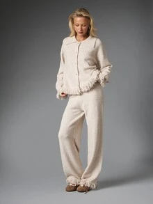 MISSGUIDED Oversized Knit Cardigan And Wide Leg Pants Co-Ord Set With Fringe Hem Collared Button Front Autumn Winter Matching Loungewear Two Pieces - Beige - View 1