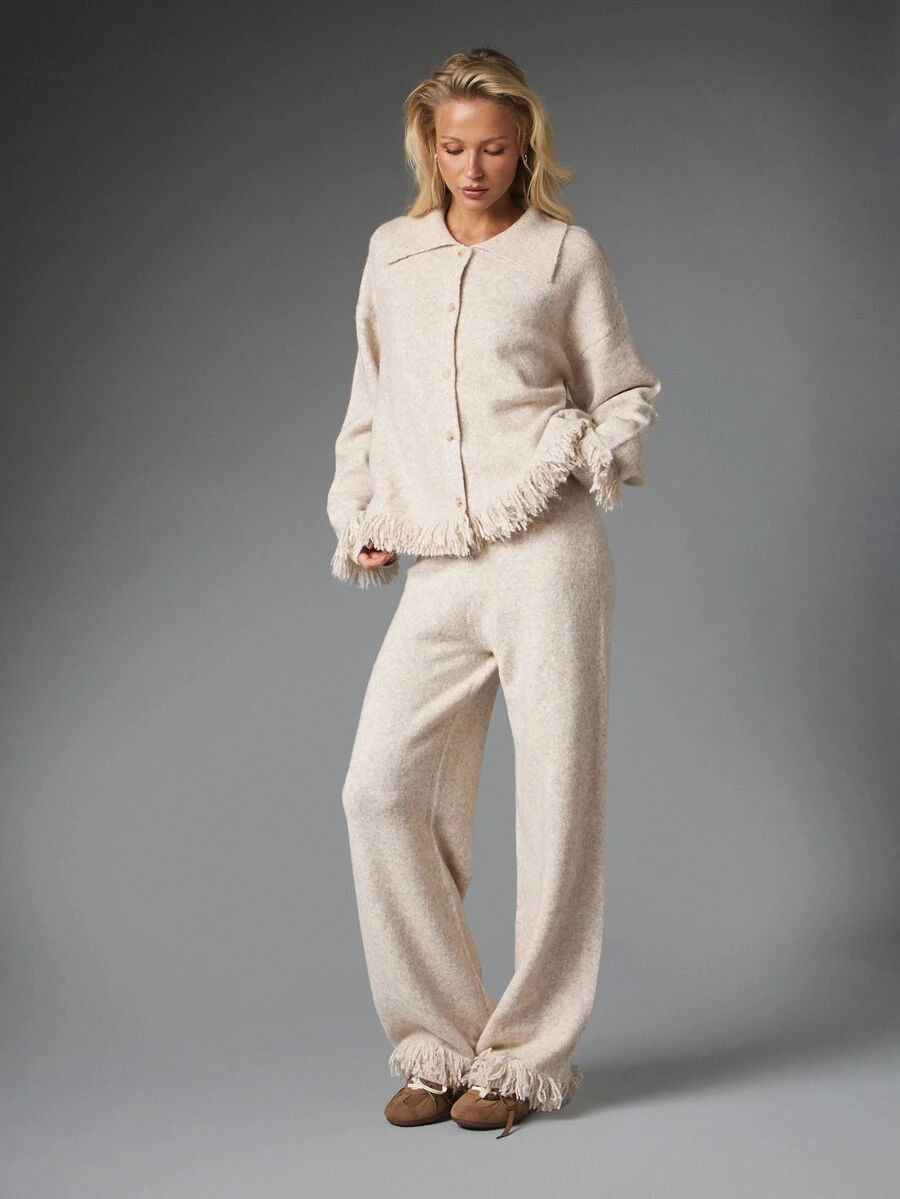 MISSGUIDED Oversized Knit Cardigan And Wide Leg Pants Co-Ord Set With Fringe Hem Collared Button Front Autumn Winter Matching Loungewear Two Pieces - Beige - View 1