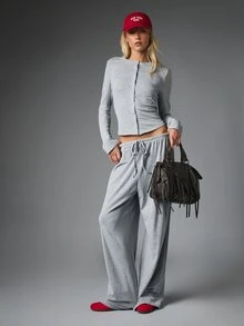 MISSGUIDED Striped Knit Co-Ord Set Long Sleeve Button Front Crop Cardigan And Wide Leg Drawstring Casual Pants Loungewear Two Pieces Outfit - Gray and Sky Blue - View 1