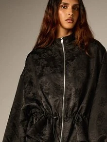AiiRZ Black Floral Jacquard Oversized Zip-Up Jacket With Stand Collar Drawstring Waist And Balloon Sleeves - Black - View 5