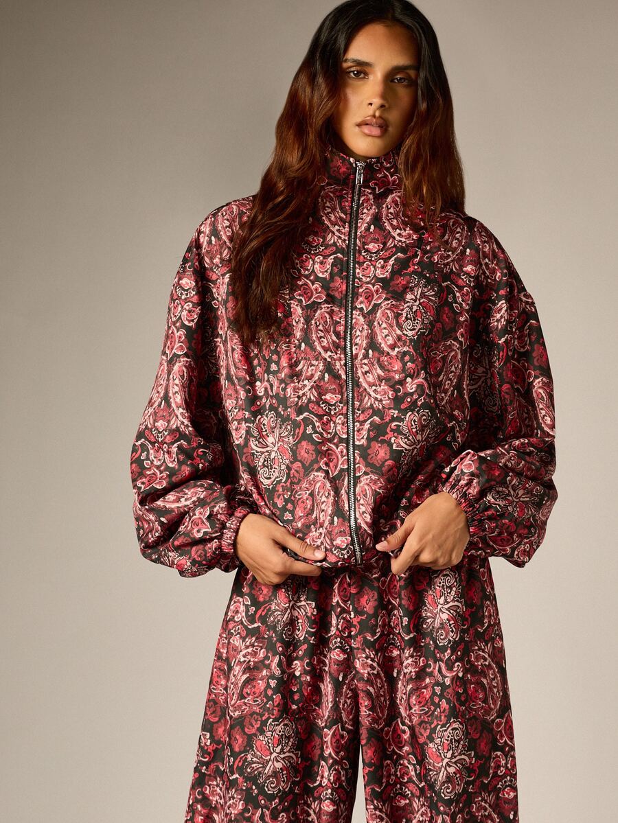 AiiRZ Paisley Print Oversized Windbreaker Jacket With Stand Collar Full Zip Closure And Elasticated Cuffs Boho Festival Party Style - Multicolor - View 1