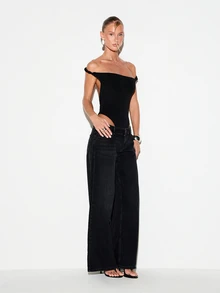 KIZN Off Shoulder Backless Bodysuit With Twisted Rope Trim Neckline Sleeveless Fitted Body Suit Deep Open Back Summer Night Out Top - Black - View 3