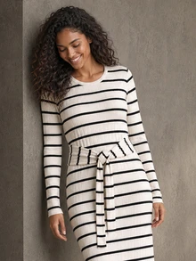ELLERISSA White & Black Stripe Round Neck Long Sleeve Tie Waist Rib Knit Midi Dress - Apricot - View 3