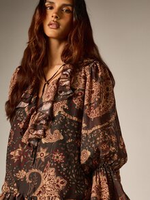 AiiRZ Paisley Print Chiffon Mini Dress With Ruffle Neckline Plunge Tie Detail Puff Long Sleeves Tiered Hem Boho Style - Multicolor - View 5
