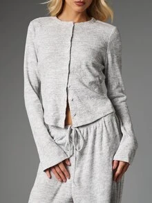 MISSGUIDED Set Co-Ord Rajut Wafel 2 Potong: Kardigan Kancing Crop dan Celana Longgar Tali Serut, Pakaian Rumah Nyaman untuk Musim Gugur dan Musim Dingin - Grey - View 5
