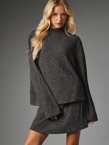 MISSGUIDED Ribbed Knit Co-Ord Set High Neck Oversized Bell Sleeve Sweater Top And Mini Skirt Autumn Winter Two Piece Outfit - Grey - View 1