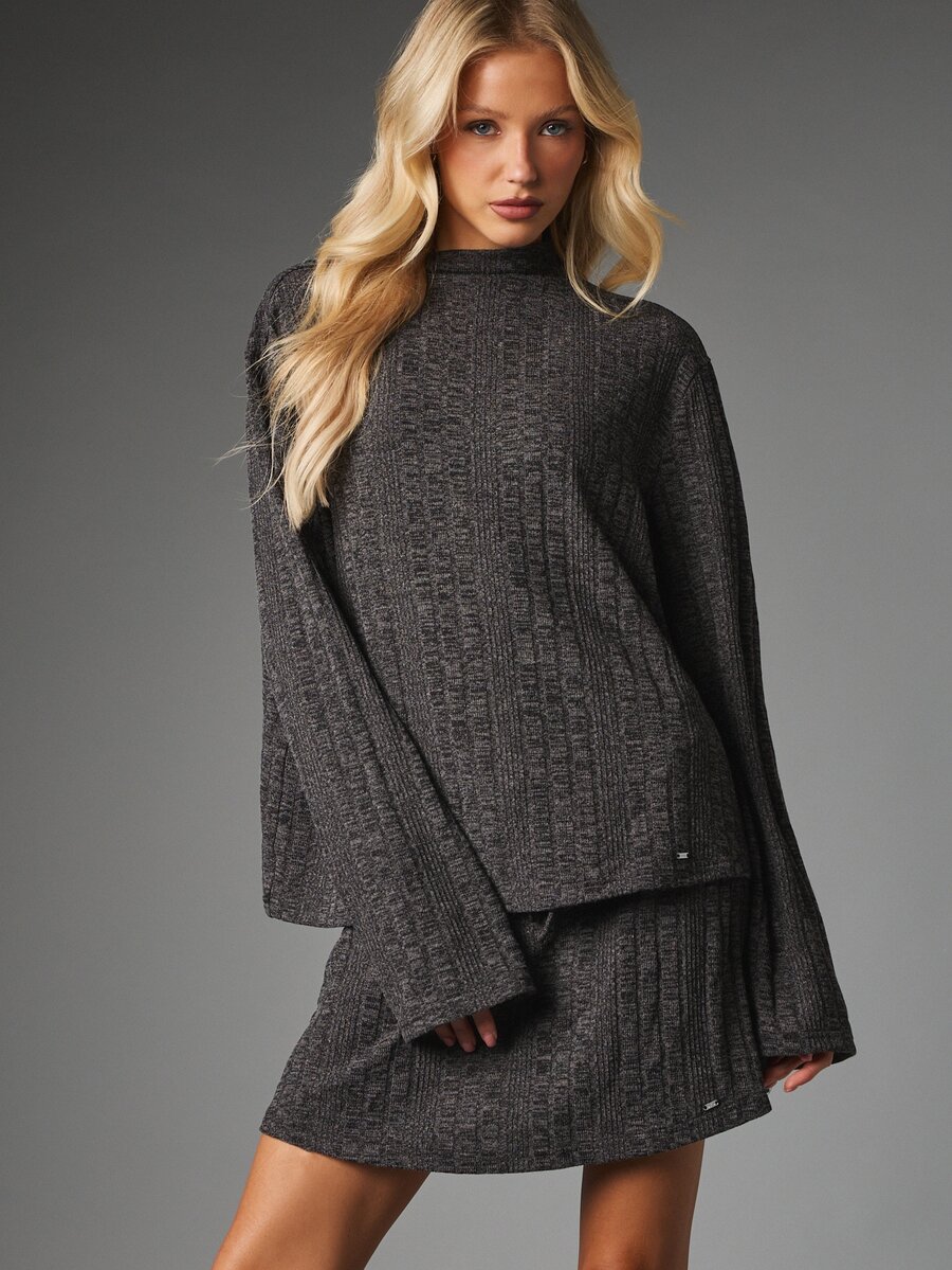 MISSGUIDED Ribbed Knit Co-Ord Set High Neck Oversized Bell Sleeve Sweater Top And Mini Skirt Autumn Winter Two Piece Outfit - Grey - View 1