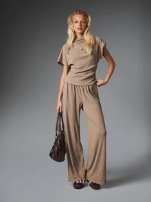 MISSGUIDED Ribbed Knit Co-Ord Set Cowl Neck Cap Sleeve Top And Wide Leg High Rise Casual Pants Two Pieces Matching Loungewear Outfit - Khaki - View 4