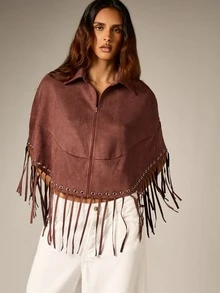 AiiRZ Faux Suede Cropped Cape Jacket With Fringe Hem Metal Eyelets Half Zip Collar Fall Winter Boho Festival Outerwear - Coffee Brown - View 5