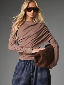 MISSGUIDED Ruched Long Sleeve Boat Neck Top Draped Front Detail Casual Everyday Wear Fall Winter Essential Layering Piece - Brown - View 5