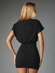 MISSGUIDED Rhinestone Embellished Bodycon Mini Dress With Batwing Sleeve And Crew Neck Party Night Out Holiday Season - Black - View 2