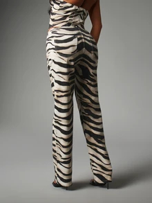 MISSGUIDED Zebra Print High Rise Full Length Straight Leg Trousers With Rhinestone Embellishment Party Night Out Summer Festival Pants - Black and White - View 3