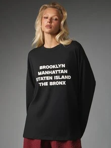 MISSGUIDED Oversized Long Sleeve Crew Neck Tee With NYC Boroughs Text Print Brooklyn Manhattan Staten Island The Bronx Casual Street Style Top - Black - View 1