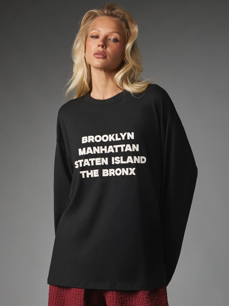 MISSGUIDED Oversized Long Sleeve Crew Neck Tee With NYC Boroughs Text Print Brooklyn Manhattan Staten Island The Bronx Casual Street Style Top - Black - View 1