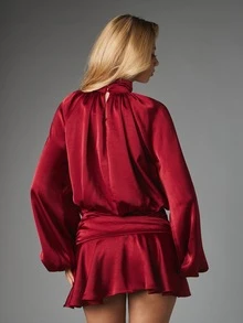 MISSGUIDED Satin Mini Dress With High Neck Plunge Front Cut-Out Puff Sleeves Ruffle Hem Fit And Flare Silhouette Holiday Party - Red - View 2