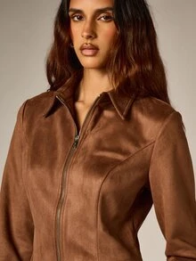AiiRZ Faux Suede Zip-Up Fitted Jacket With Pointed Collar And Long Sleeves Autumn Winter Layering Essential - Brown - View 2