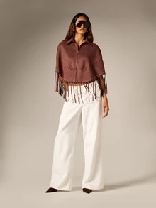 AiiRZ Faux Suede Cropped Cape Jacket With Fringe Hem Metal Eyelets Half Zip Collar Fall Winter Boho Festival Outerwear - Coffee Brown - View 4