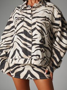 MISSGUIDED Zebra Print Oversized Denim Shacket With Snap Button Closure Patch Pockets Utility Style Hip Length Jacket Spring Summer Festival Outerwear - Multicolor - View 2