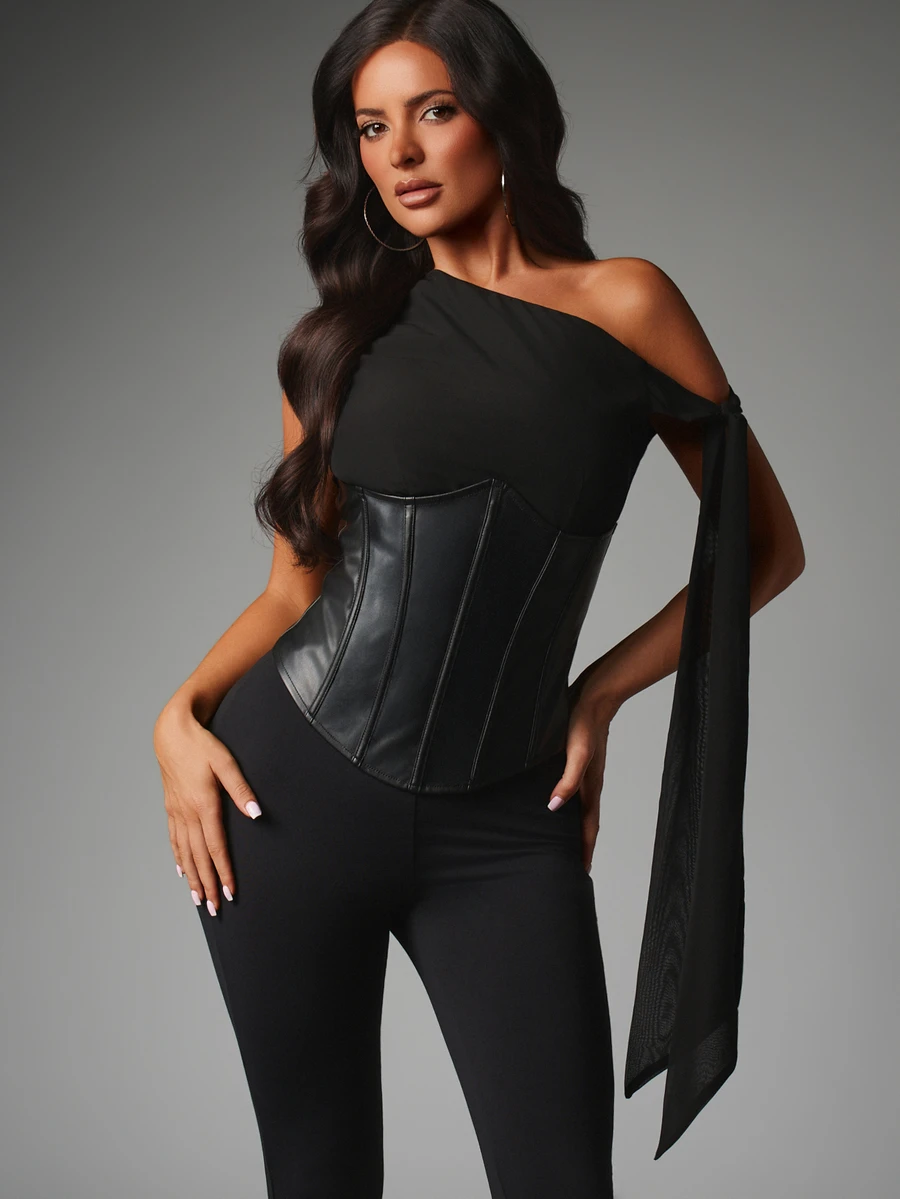 MISSGUIDED One Shoulder Faux Leather Corset Top With Lace Up Back Detail And Tie Sleeve Structured Boning Panel Crop Top Party Night Out - Black - View 1