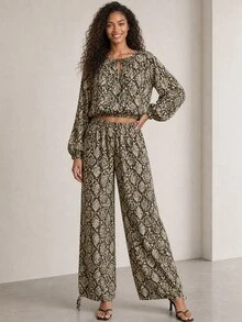 ELLERISSA Snake Print Tie Neck Long Sleeve Elastic Waist Top & Wide Leg Pants Co-Ord Set - Multicolor - View 3