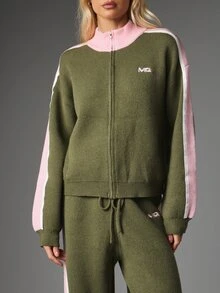 MISSGUIDED Olive Color Block Knit Zip-Up Jacket With Pink Contrast Panel Sleeves High Neck Ribbed Hem Logo Detail Fall Winter - Multicolor - View 4