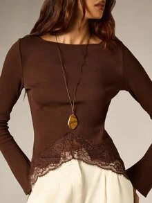AiiRZ Ribbed Knit Long Sleeve Boat Neck Top With Lace Trim Hem Detail Elegant Fitted Blouse Fall Winter Layering Essential - Brown - View 2