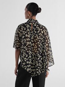 KSTM Sheer Floral Print Mock Neck Poncho Cape Top With Asymmetric Hem And Batwing Sleeves Perfect For Holiday Party Evening Styling - Black - View 5