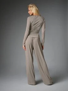 MISSGUIDED Striped Co-Ord Set Boat Neck Long Sleeve Crop Top And Wide Leg Drawstring Casual Pants Lounge Two Pieces Outfit - Multicolor - View 2
