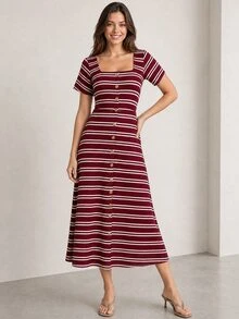 ELLERISSA Burgundy Striped Square Neck Short Sleeve Button Front Knit Midi Dress - Burgundy - View 5