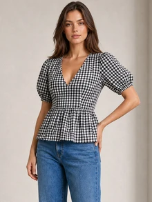 ELLERISSA Atasan Peplum Leher V Lengan Mengembang dengan Pinggang Berkerut Motif Kotak-kotak Hitam Putih - Hitam dan Putih - View 3