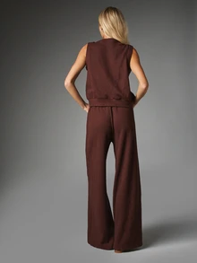 MISSGUIDED Waffle Knit Co-Ord Set Sleeveless Button-Front Crop Vest And High Rise Wide Leg Drawstring Trousers Two Pieces Autumn Winter Outfit - Chocolate Brown - View 2