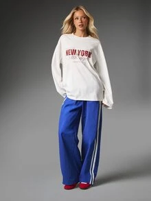 MISSGUIDED Wide Leg Track Pants With Contrast Side Stripe Detail Elastic Waist Pull On Full Length Casual Trousers Spring Summer Festival - Blue - View 3